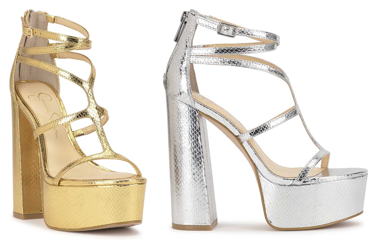 The Jessica Simpson Collection Aamina sandals feature a caged upper, thick platforms, and towering block heels