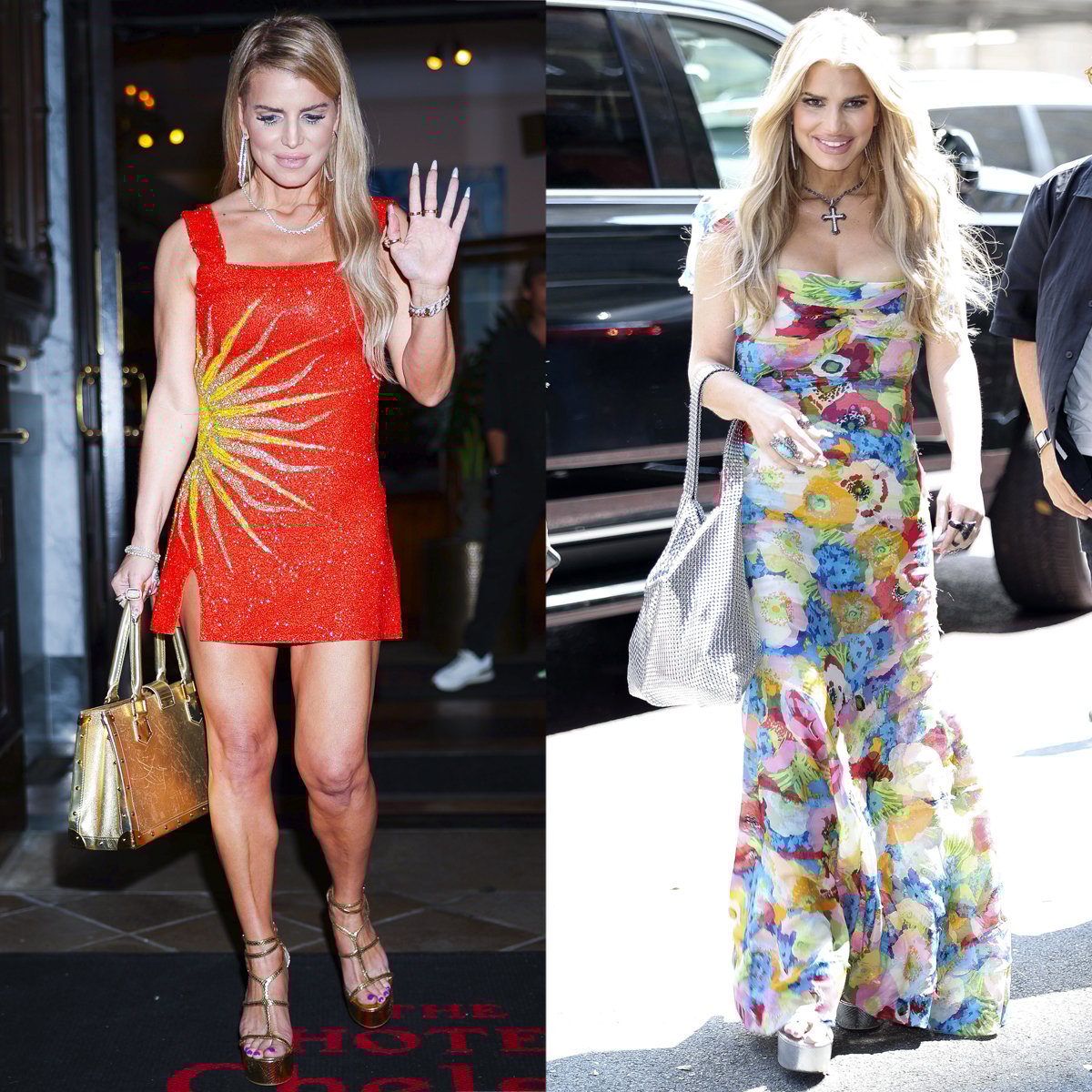 Jessica Simpson parties in NYC wearing a vibrant orange mini dress and metallic caged platform sandals from her fashion label following her Today Show appearance