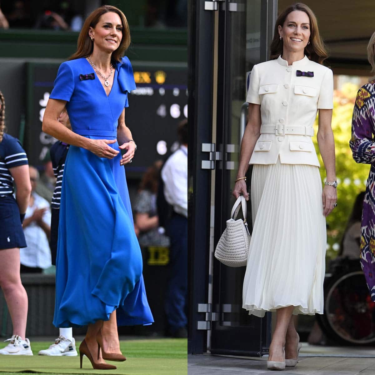 Kate Middleton attends the Wimbledon 2025 in blue Roksanda and cream Self-Portrait dresses with classic pointed-toe pumps