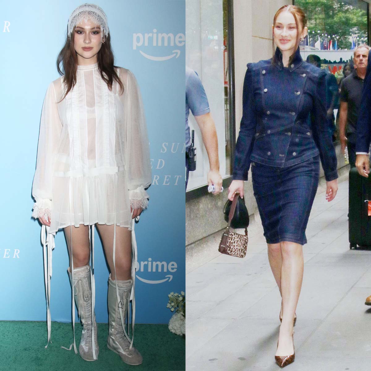 Lola Tung embraces 1970s fashion in a dreamy Ann Demeulemeester mini dress with boxing shoes and a double denim Stella McCartney skirt suit with leopard Aldo pumps