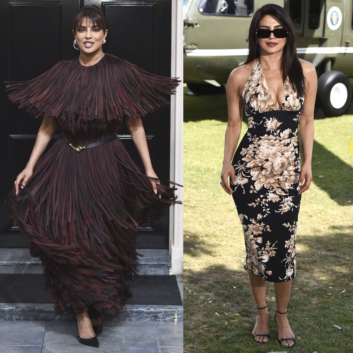 Priyanka Chopra showcases her versatile style in London, dazzling in a dramatic fringed Burberry gown for the Heads of State screening (left) and a chic Dolce & Gabbana floral halter dress for the film's photocall (right)