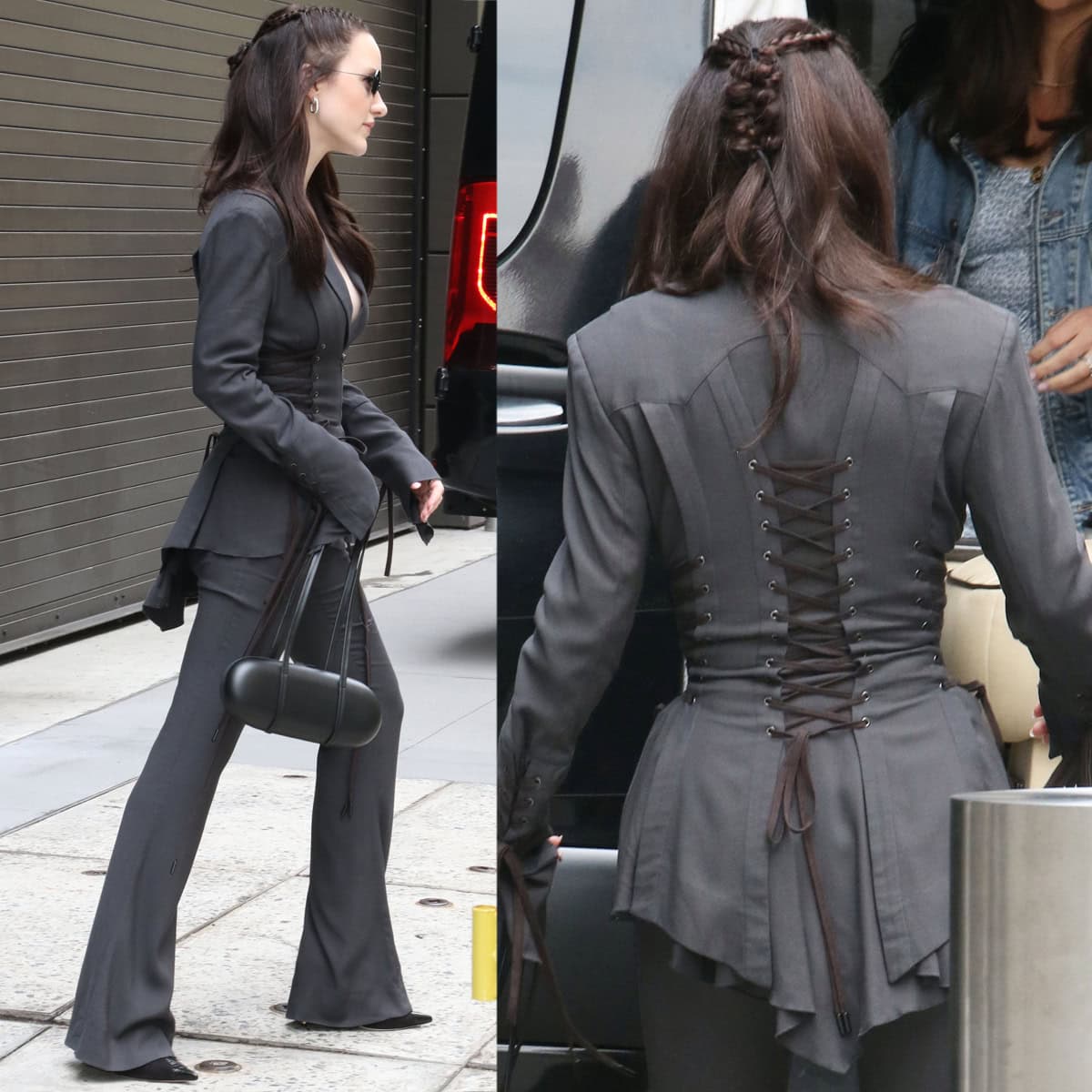 Rachel Brosnahan serves sultry sophistication in a gray KNWLS Fall 2025 pantsuit featuring a corseted top, peplum, bell sleeves, and flared pants