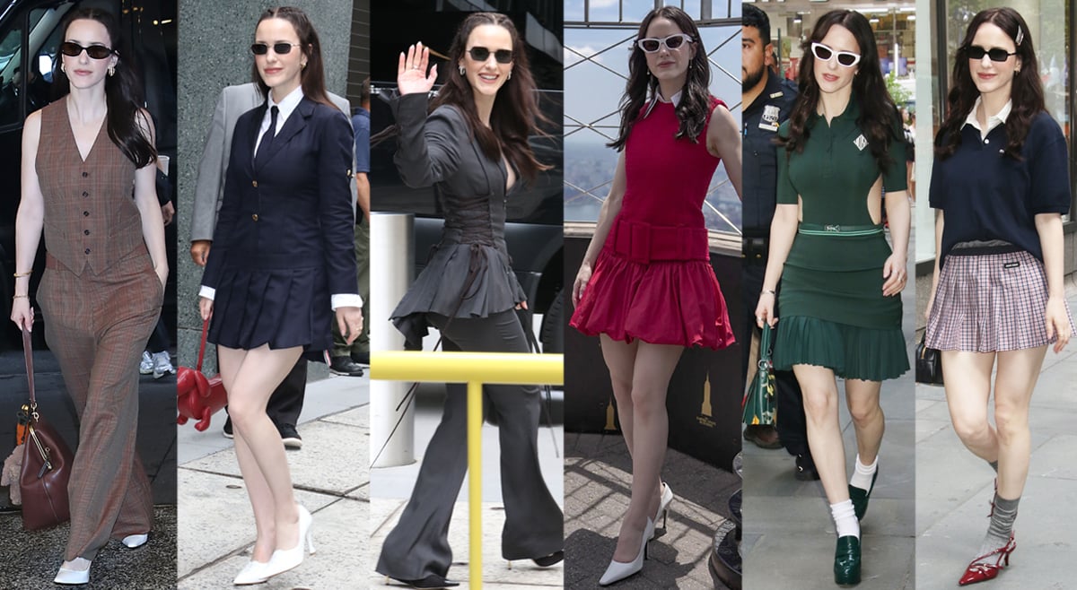 Rachel Brosnahan showcases preppy, tailored looks in designer dresses, pantsuits, and chic pumps at the Superman press tour
