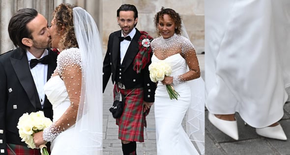 Mel B’s Bridal Style: Sleek White Pumps, Pearl-Adorned Gown & A-List Guests