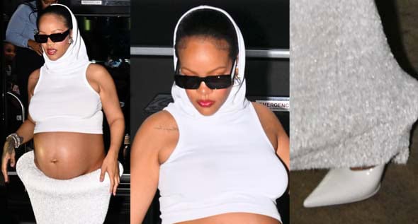 Pregnancy, But Make It Couture: Rihanna Stuns in Alaïa Hooded Top, Sculptural Skirt & Amina Muaddi