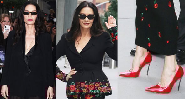 Catherine Zeta-Jones Channels Morticia Addams in Sharp Pumps and Black Dresses for Wednesday Season 2 Press Tour