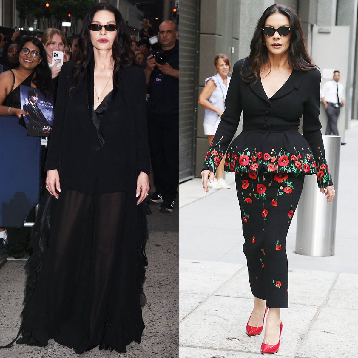 Catherine Zeta-Jones channels her inner Morticia Addams in black and red ensembles while promoting Wednesday Season 2