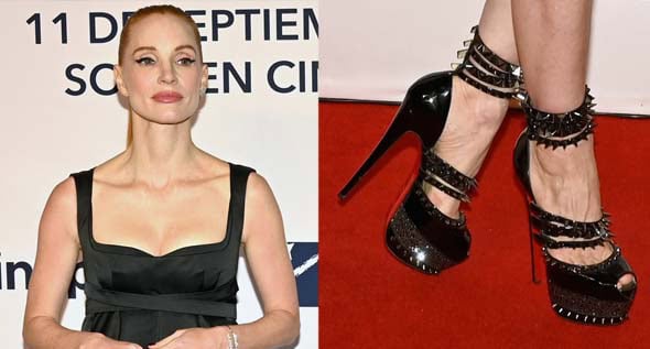 Red Carpet Chic: Jessica Chastain in Alexander McQueen Babydoll Dress and Louboutin Anniversary Heels