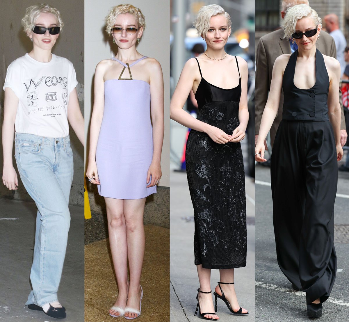 Julia Garner showcases her impeccable, versatile style in designer heels and dresses while promoting her new horror mystery movie Weapons