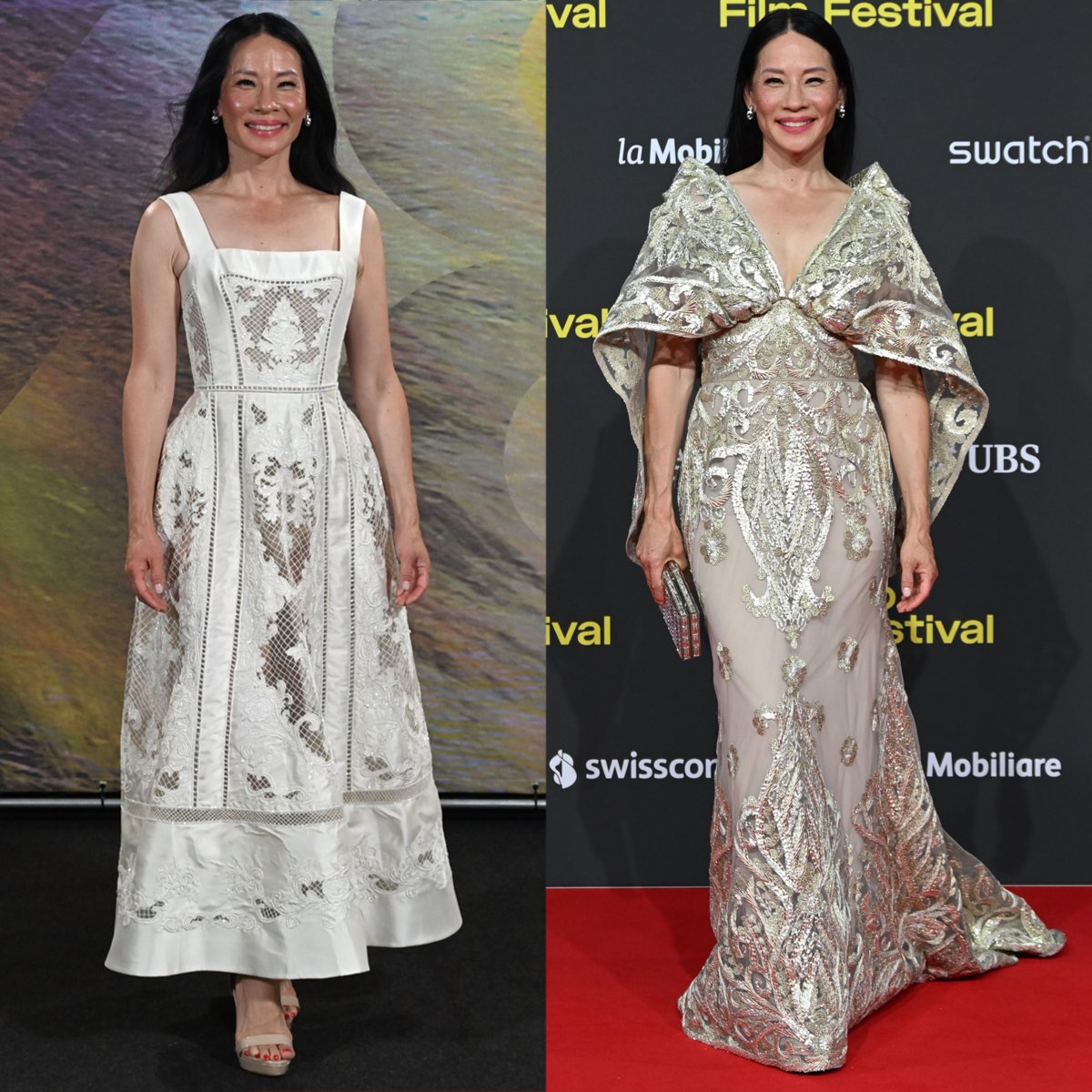 Lucy Liu embraces regal elegance in Paolo Sebastian and Naeem Khan gowns at the 78th Locarno International Film Festival Rosemead photocall on August 14, 2025