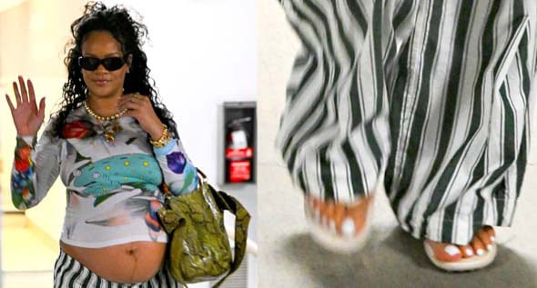 Pregnant Rihanna Turns Beverly Hills Sidewalk Into a Runway in Chopova Lowena Top, Savage x Fenty Pants, and Puma x Fenty Cat Cleats