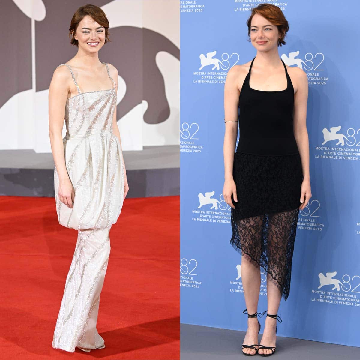 Emma Stone brings her signature quirky elegance to the 82nd Venice International Film Festival on August 28, 2025, attending both the red-carpet premiere and photocall of Bugonia
