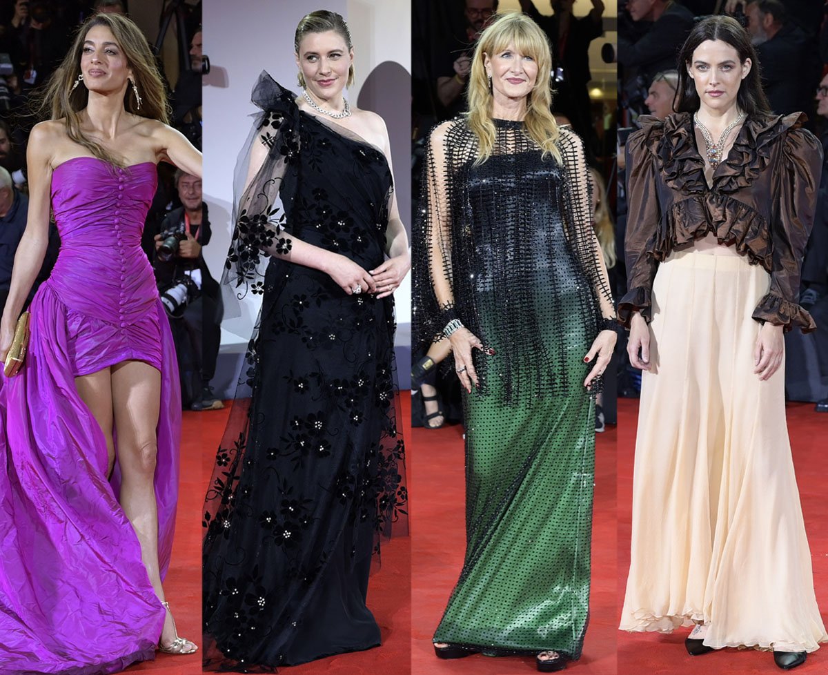 Amal Clooney, Greta Gerwig, Laura Dern, and Riley Keough stun in statement gowns and heels at the 82nd Venice International Film Festival premiere of Jay Kelly