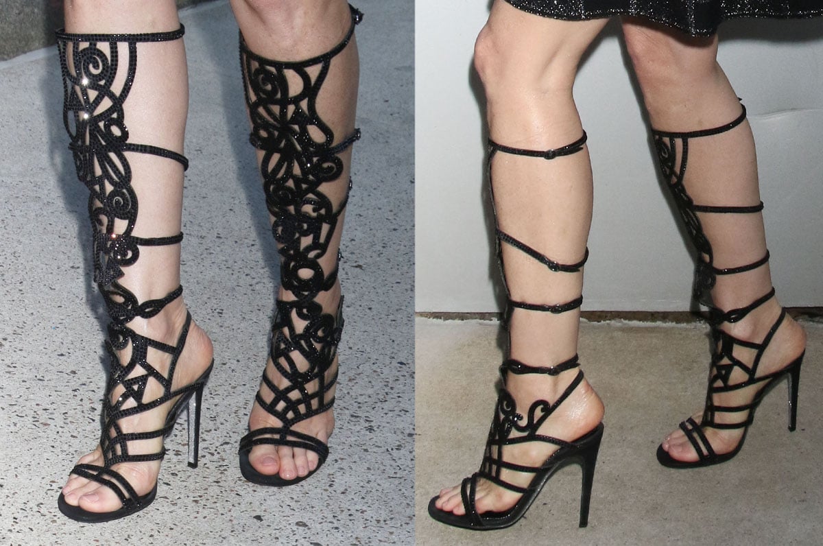 Jessica Chastain wears killer gladiator sandals by Rene Caovilla, featuring swirly straps adorned with glittering Swarovski crystals