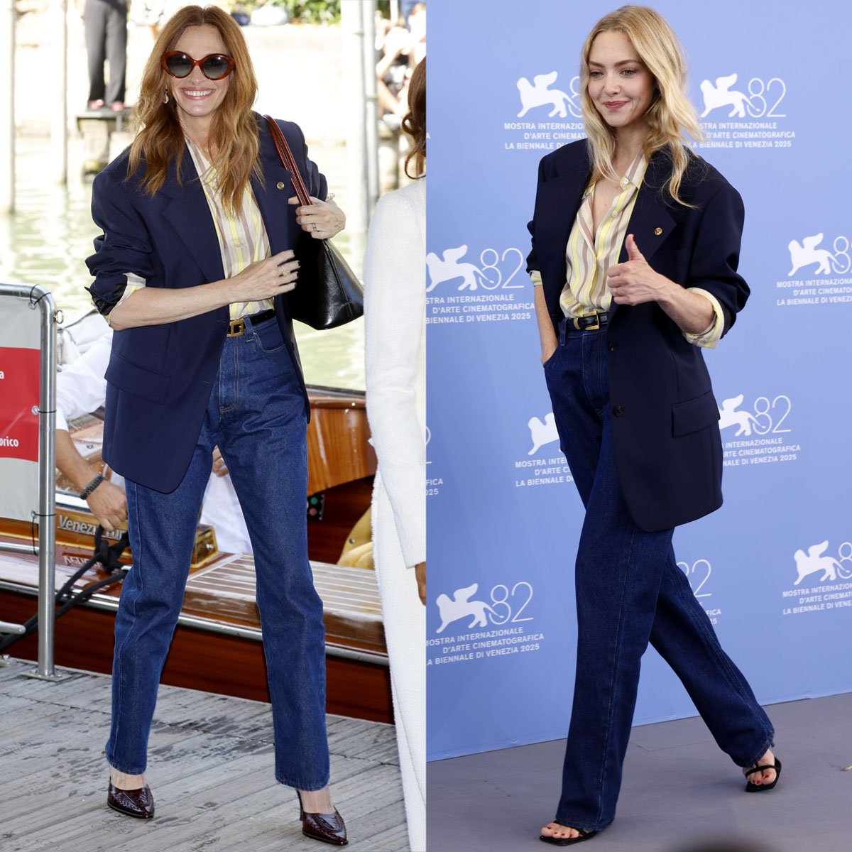 Julia Roberts and Amanda Seyfried style the navy Versace single-breasted blazer and yellow striped shirt with belted dark wash jeans