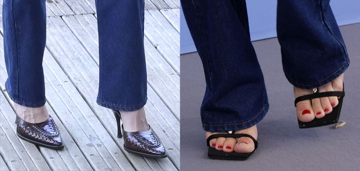 Julia Roberts completes her tailored look with Versace woven pumps in rich brown leather, while Amanda Seyfried showcases her red pedicure in black Versace sandals with squared open toes, V-shaped hardware along the T-straps, and stiletto heels
