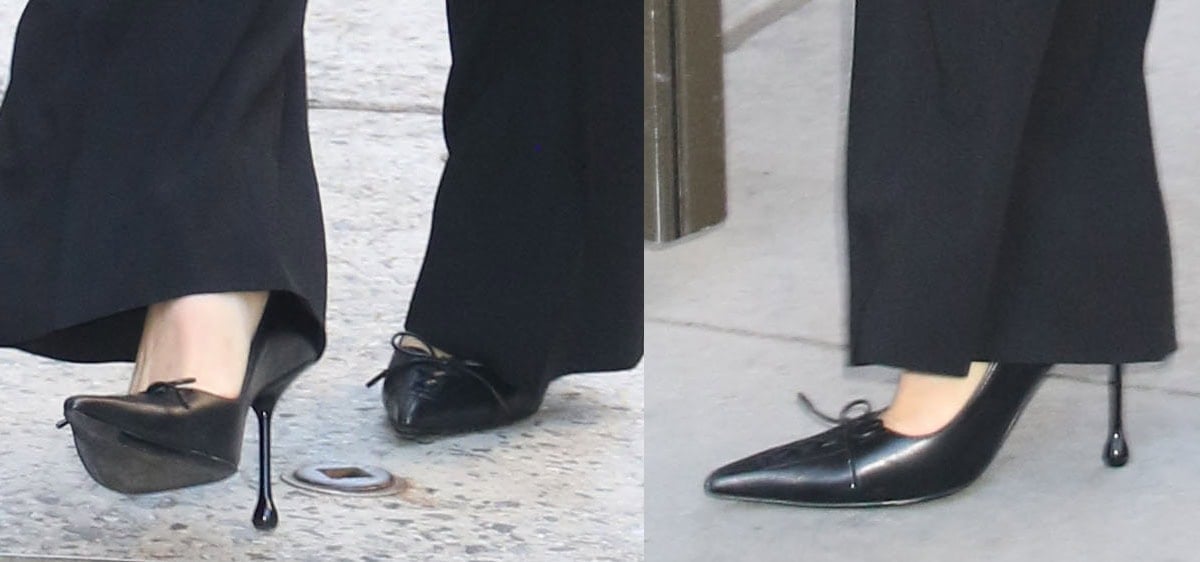 Lily James pairs her black-and-white business wear with the Jimmy Choo Scarlet pumps featuring a corset-style vamp and a teardrop-shaped heel