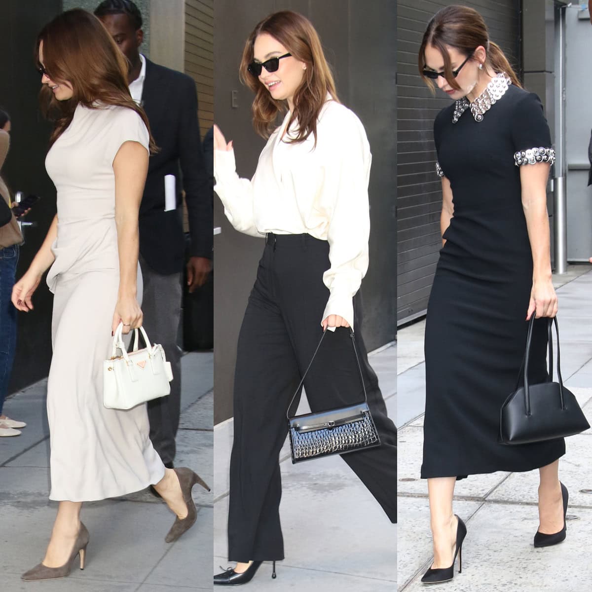 Lily James channels CEO chic on her Swiped press tour, stepping out in a sleek Tove dress with Jude pumps, a Toteme power suit paired with Jimmy Choo heels, and a Mod-inspired black midi dress finished with classic satin stilettos