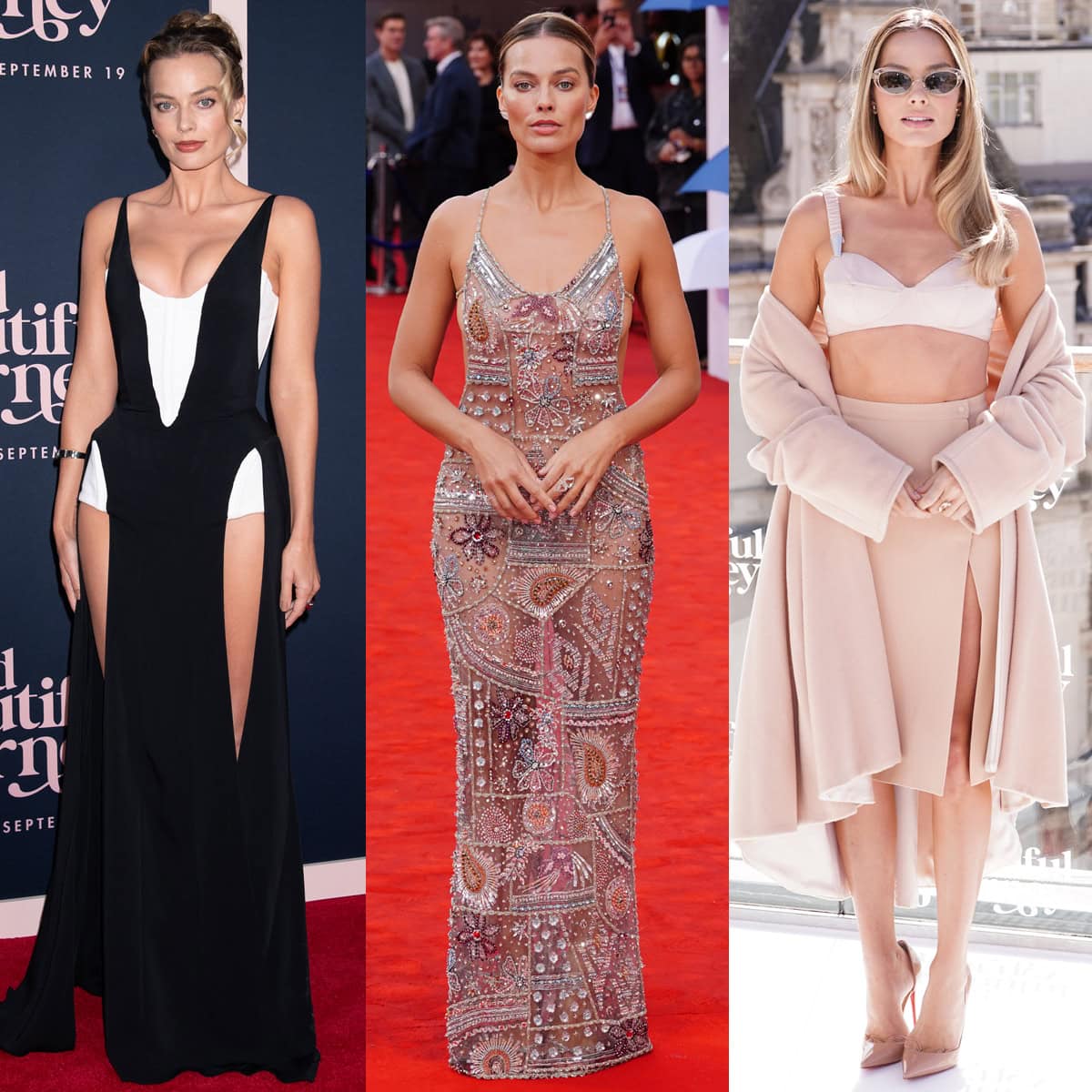 Margot Robbie showcases her postpartum figure in daring dresses by Thierry Mugler and Armani Prive with heels by Christian Louboutin and Aquazzura at the New York and London events for her new movie, A Big Bold Beautiful Journey