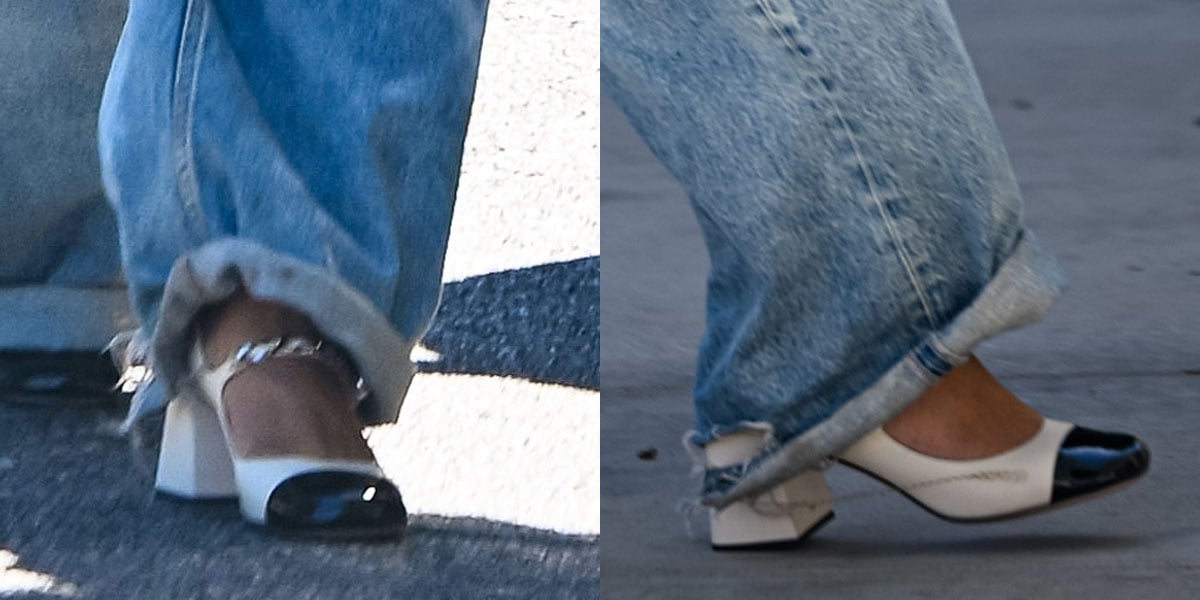 Rihanna elevates her baggy jeans and striped polo maternity wear with black-and-white Miu Miu Mary Jane pumps