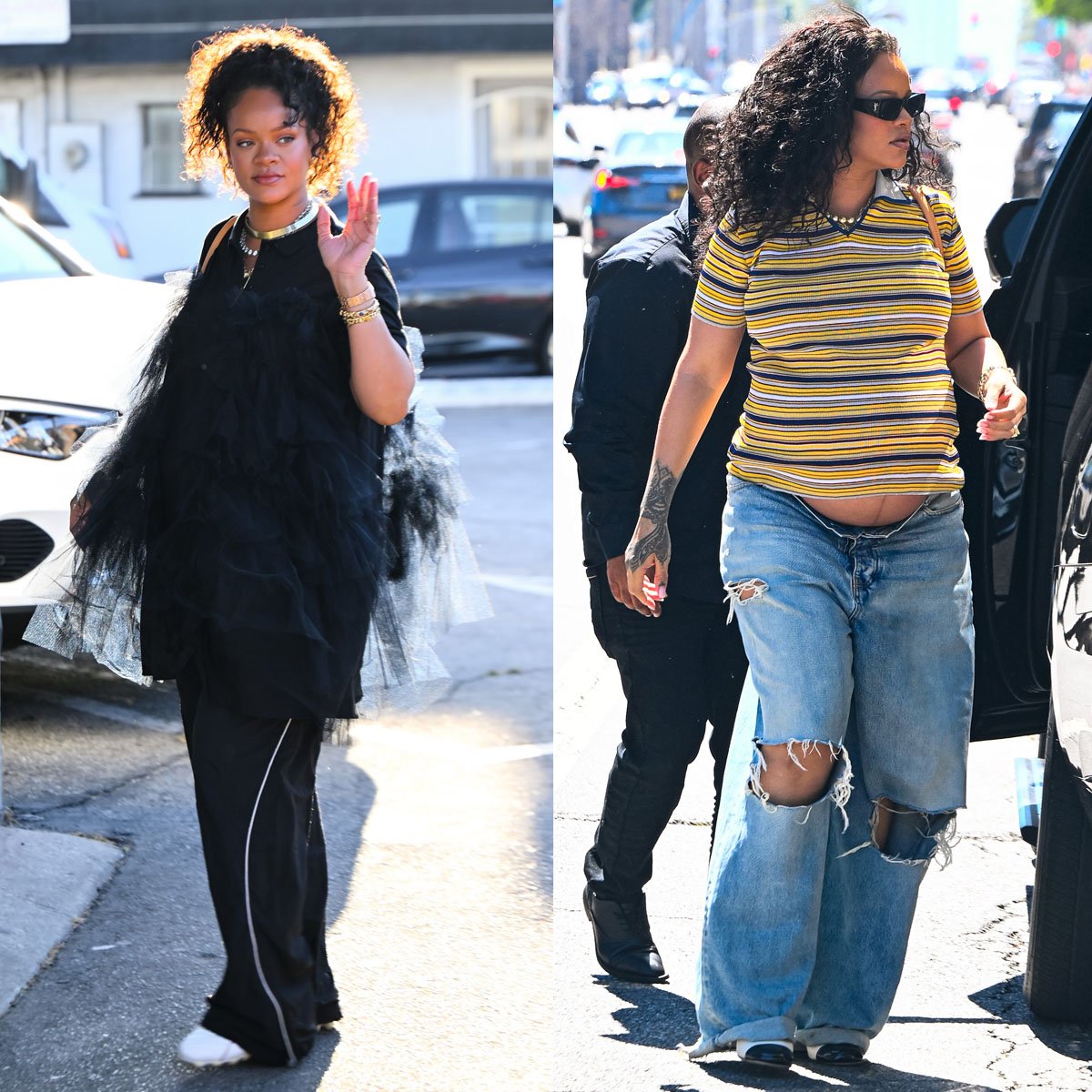 Rihanna showcases her chic and modern maternity style in Balenciaga track pants and distressed jeans with Puma by Jil Sander sneakers and Miu Miu pumps