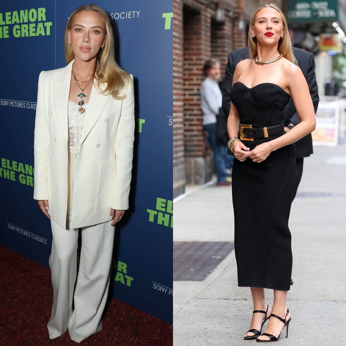 Scarlett Johansson showcased contrasting styles while promoting her directorial debut Eleanor the Great in New York — wearing a white Chloé suit with hidden platform sandals at the screening, and a sculptural black Balmain dress styled with minimalist stiletto sandals during her appearance on The Late Show with Stephen Colbert