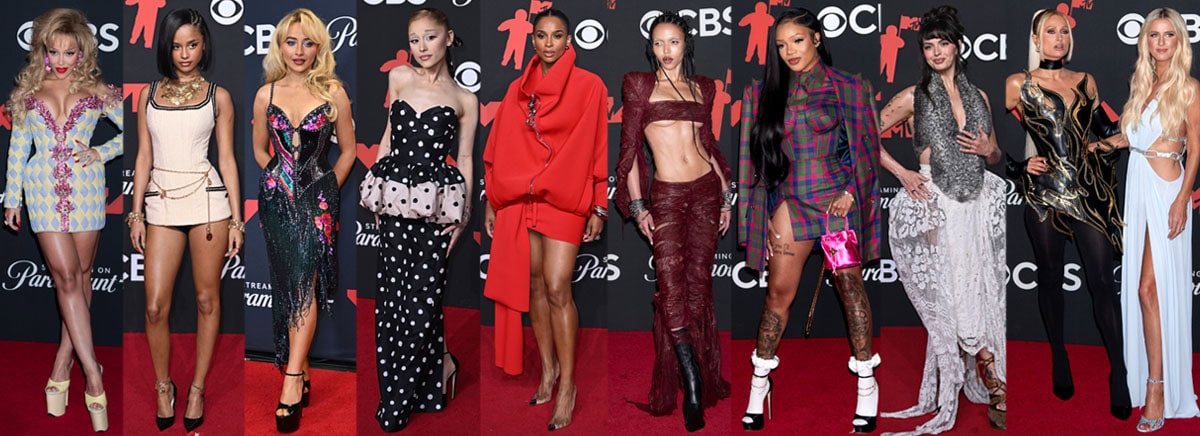 Celebrities, including Doja Cat, Tyla, Sabrina Carpenter, Ariana Grande, Ciara, FKA Twigs, GloRilla, Rebecca Black, Paris Hilton, and Nicky Hilton, showcase their unique daring styles at the 2025 MTV Video Music Awards