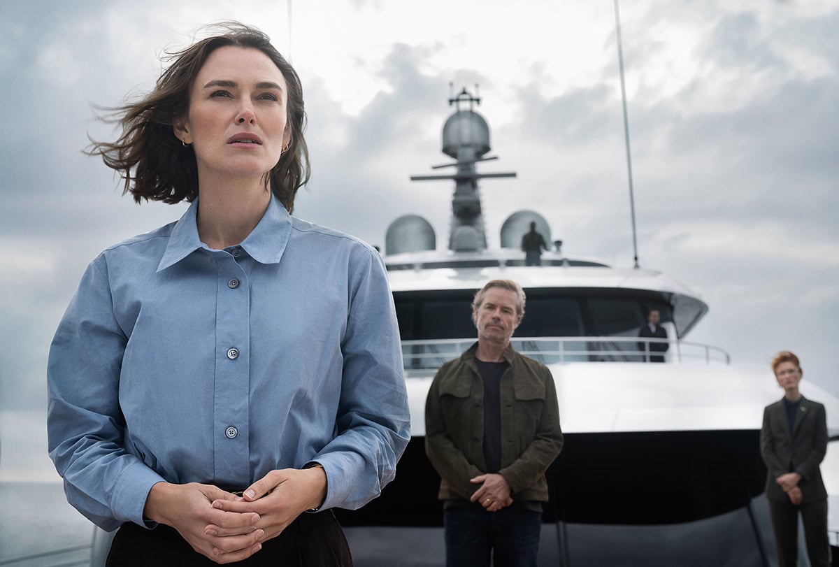Keira Knightley stars as journalist Laura “Lo” Blacklock in the Netflix psychological thriller film The Woman in Cabin 10