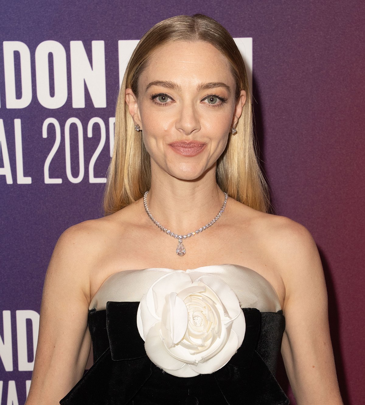 Amanda Seyfried keeps her glam simple with pink lipstick and eyeliner and styles her black-and-white look with a Tiffany & Co. diamond necklace and stud earrings