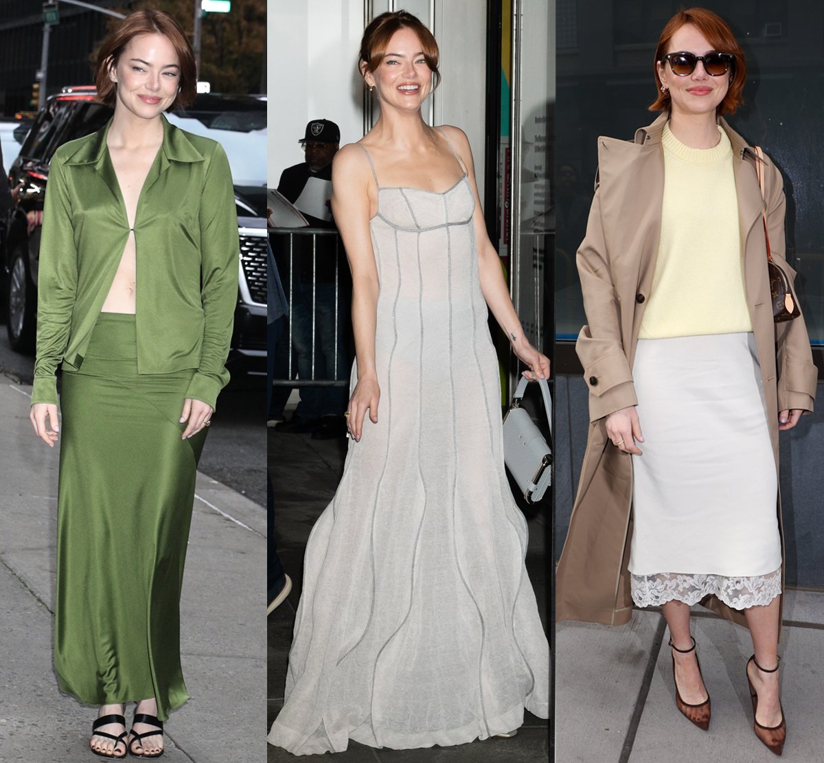 Emma Stone showcases her signature sophistication and allure in archival Donna Karan, Louis Vuitton, Khaite, and Maria McManus outfits with heels by Manolo Blahnik and Aquazzura while promoting Bugonia in New York City