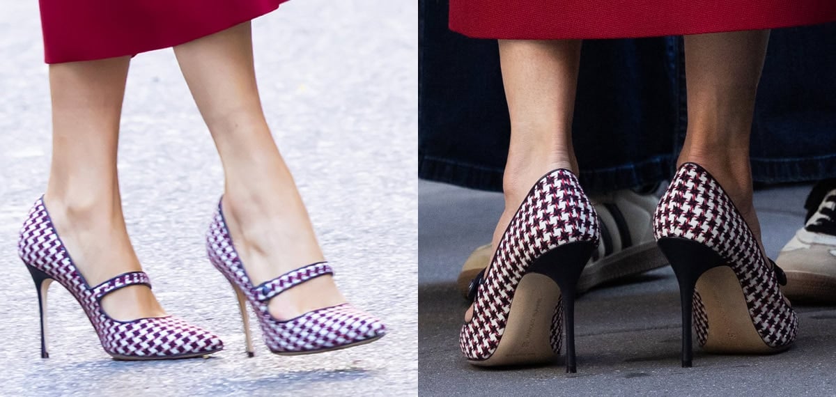 Jennifer Lopez teams her red Dior skirt suit with Manolo Blahnik dogstooth Mary Jane pumps in red, black, and white