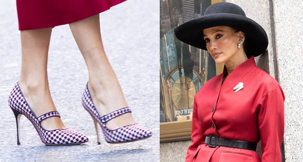 First Look: Jennifer Lopez Channels Power and Mystery in Dior Red Skirt Suit and Manolo Blahnik Dogstooth Pumps on The Last Mrs. Parrish Set