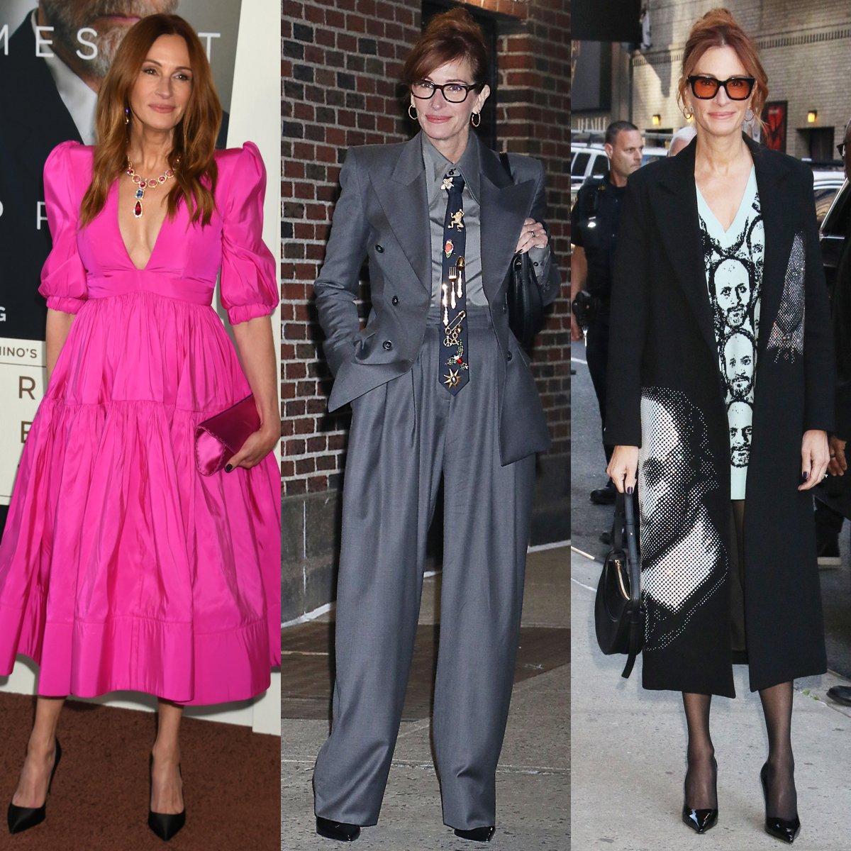 Julia Roberts showcases her unique, edgy style during the After the Hunt press tour: a hot pink Greta Constantine dress with black Aquazzura pumps, a gray Salon 1884 suit with slingback Oxfords, and a black Libertine coat with a Twinship cardigan and Jimmy Choo pumps