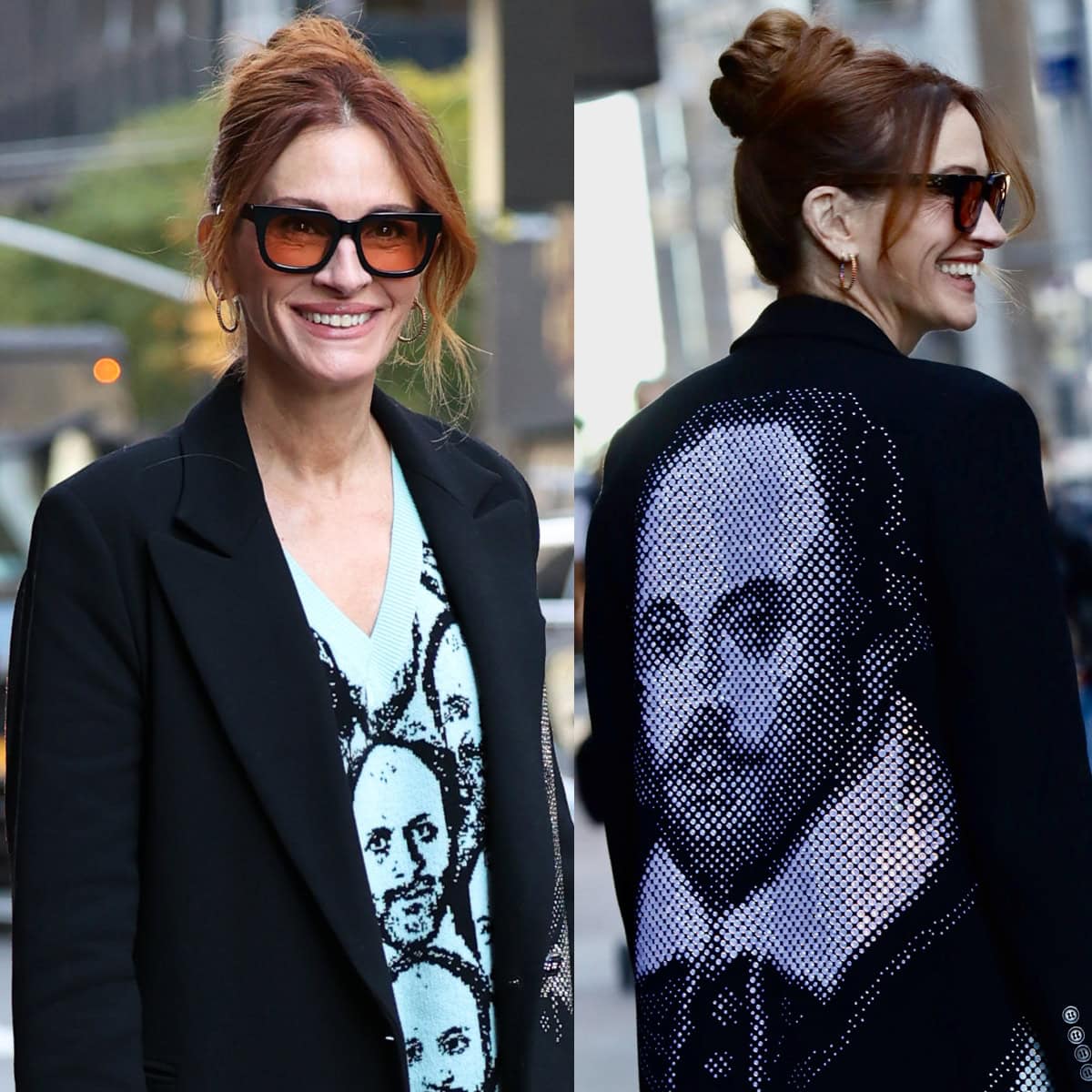 Julia Roberts adds a playful twist to her black-and-white fall ensemble with oversized Tribal Eyes “Isidore” sunglasses featuring peach-tinted lenses, perfectly complementing her updo and studded Shakespeare-inspired Libertine coat