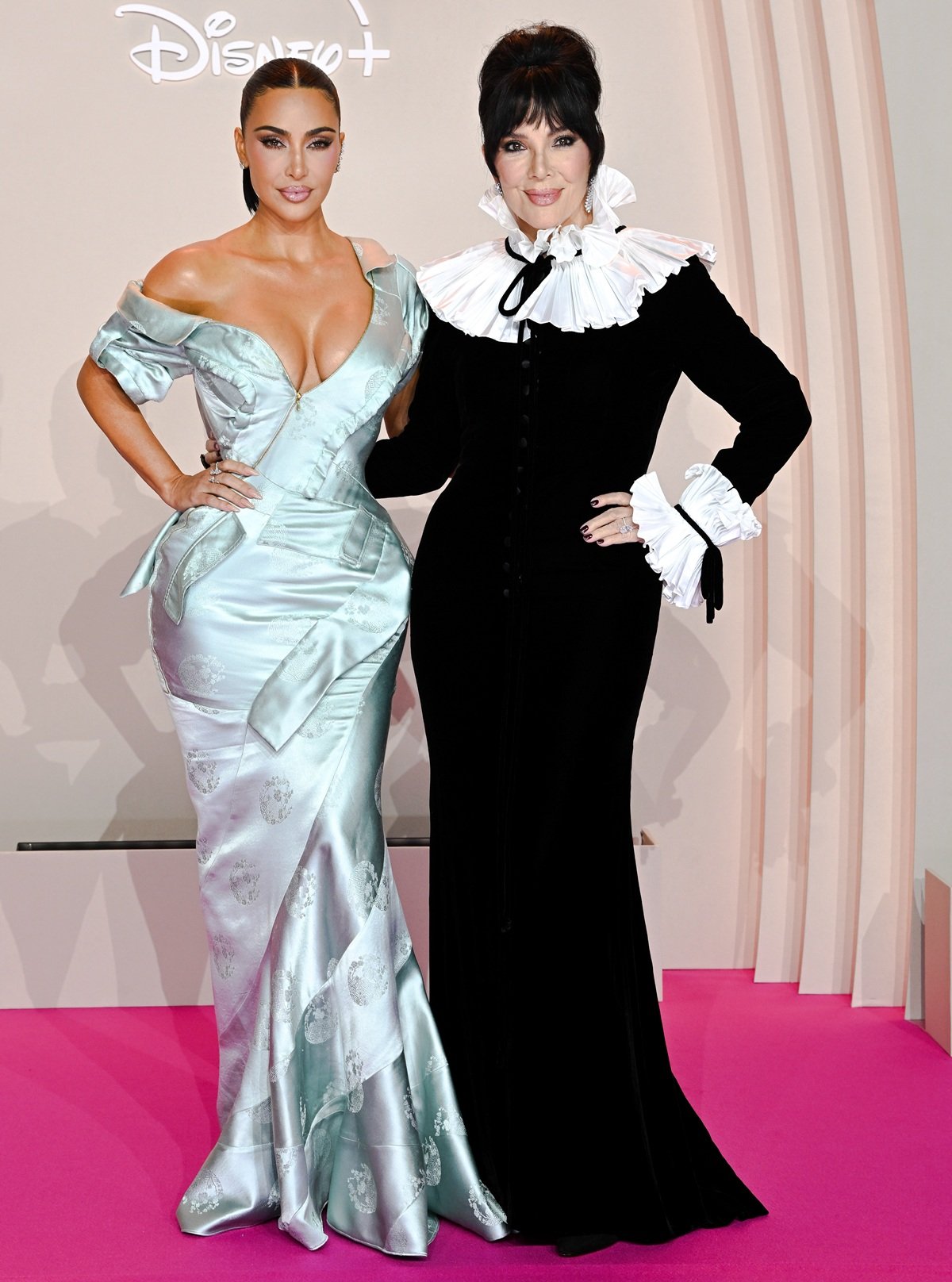Kim Kardashian dazzled in a vintage baby-blue satin Christian Dior Spring/Summer 2000 gown by John Galliano, while Kris Jenner complemented her in a vintage 1993 Oscar de la Renta black-and-white ruffled gown paired with Lorraine Schwartz and Van Cleef & Arpels jewelry