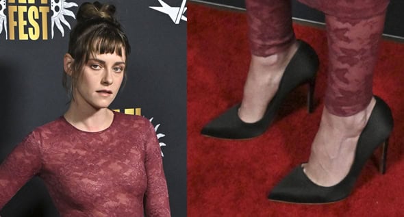 Kristen Stewart Stuns in Burgundy Lace Rhea Costa Dress, Leggings, and Aquazzura Pumps at The Chronology of Water AFI Fest Screening