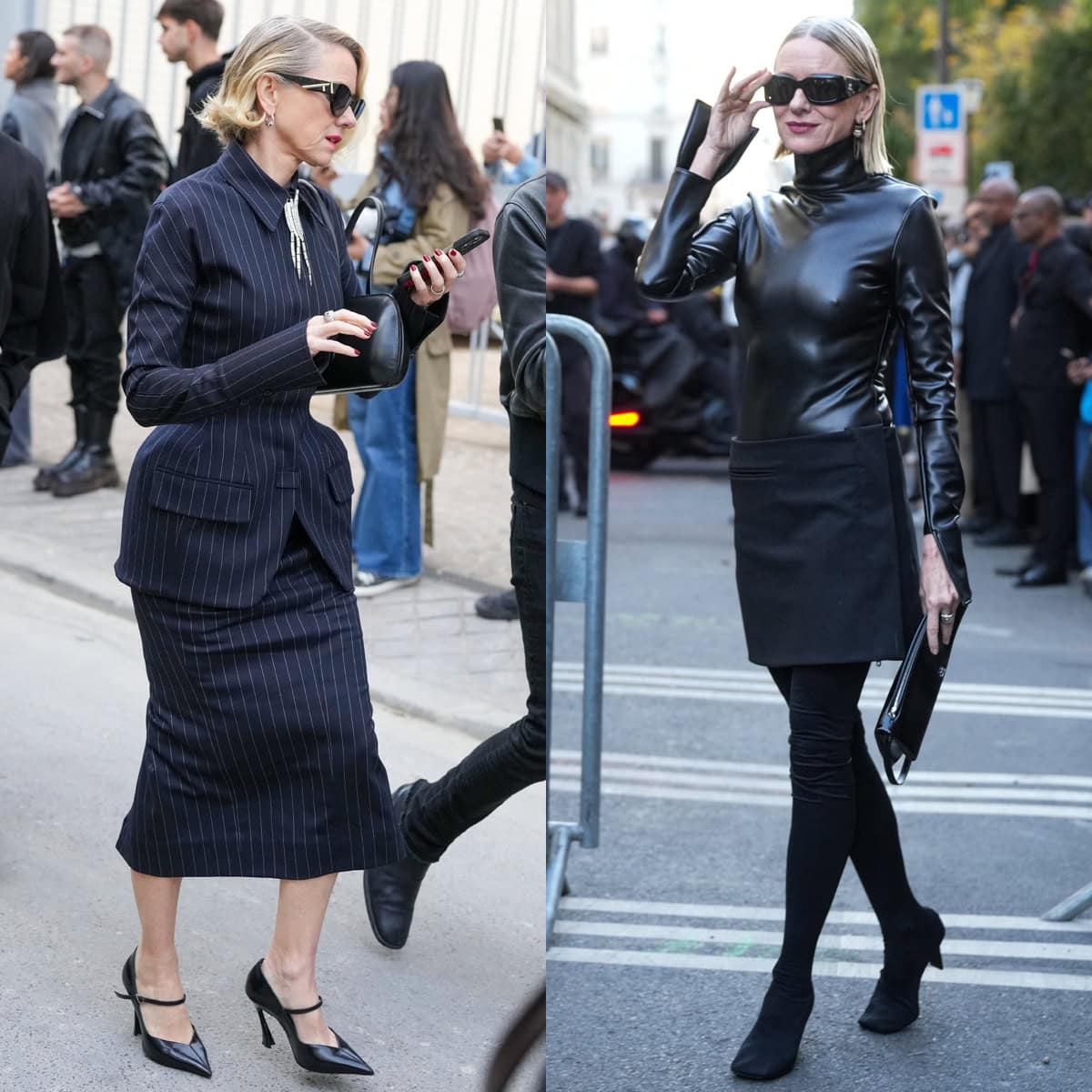 Naomi Watts showcases her sophisticated yet daring style at Paris Fashion Week Womenswear Spring/Summer 2026, wearing a tailored Mugler pinstripe skirt suit with Fang-heel pumps and a sleek Courrèges leather turtleneck look with thigh-high boots on October 2, 2025, in Paris, France