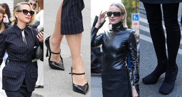 From Sharp Pinstripes to Shiny Leather: Naomi Watts Serves Looks at Paris Fashion Week in Mugler Fang Pumps and Courrèges Thigh-High Boots