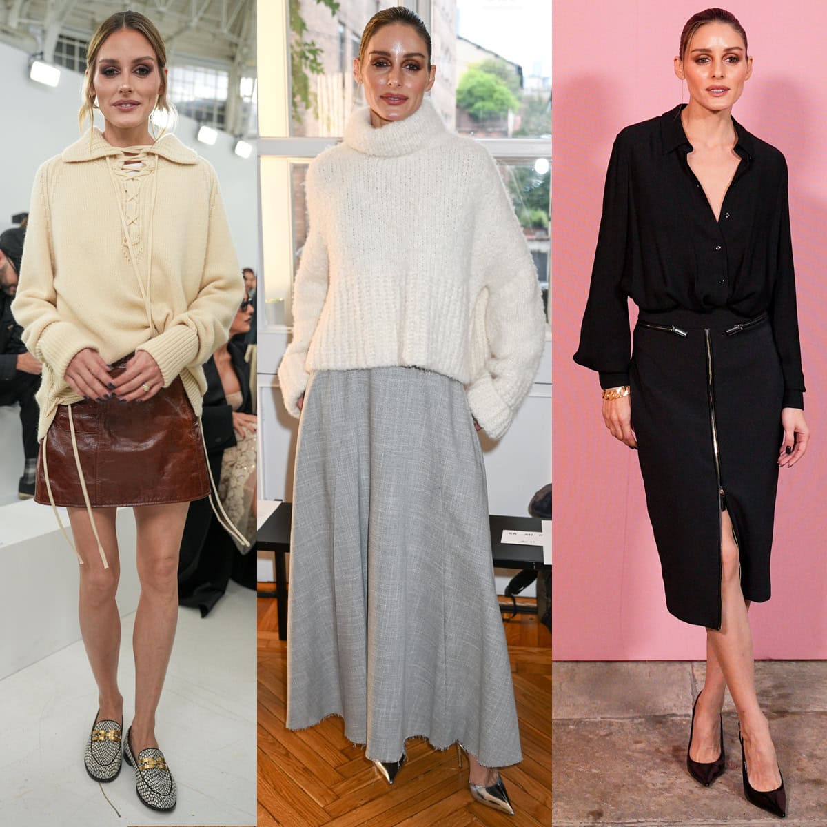 Olivia Palermo turns Milan Fashion Week into a style masterclass, pairing sweaters with leather and wool skirts and finishing each look with standout shoes—from snakeskin Aquazzura loafers to futuristic silver pumps and classic black slingbacks