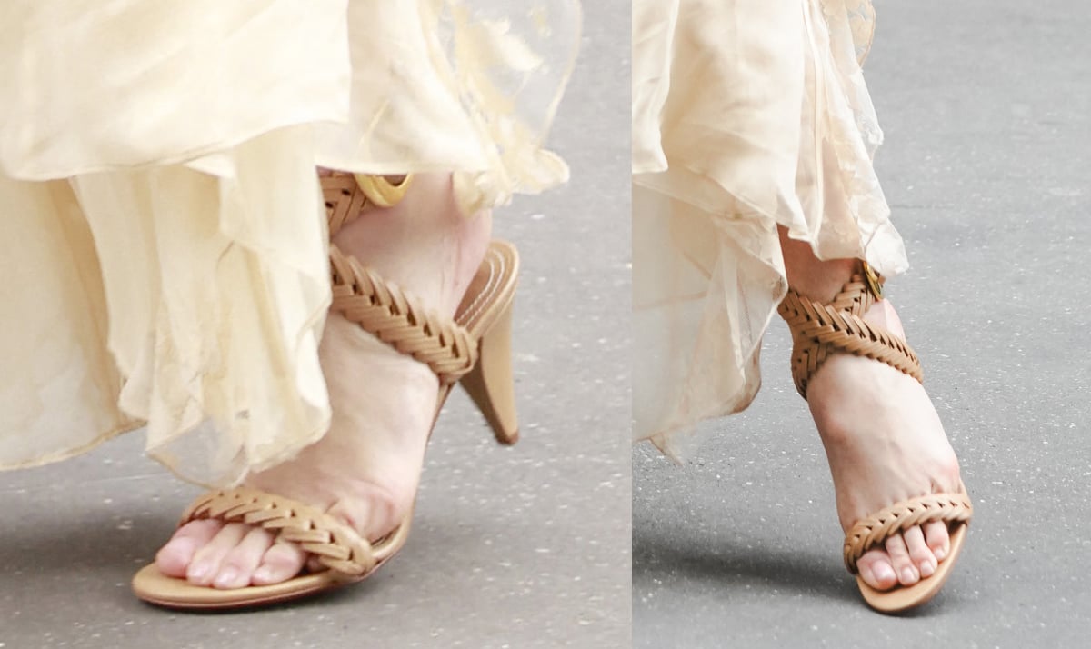 Olivia Wilde completes her romantically whimsical Zimmermann ensemble with the "Helix" braided sandals with conical heels