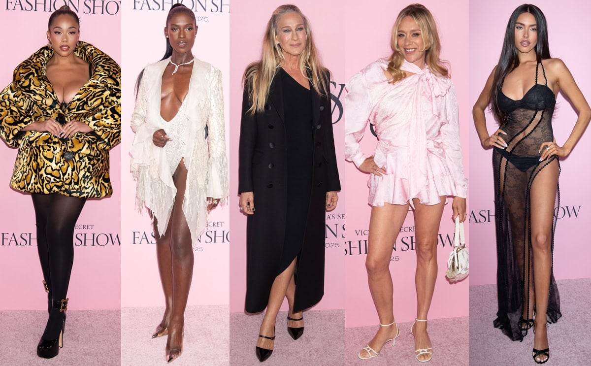Jordyn Woods, Jodie Turner-Smith, Sarah Jessica Parker, Chloë Sevigny, and Madison Beer strut their stuff on the Victoria's Secret 2025 Fashion Show pink carpet wearing heels from Vivienne Westwood, Gianvito Rossi, SJP Collection, and Jimmy Choo