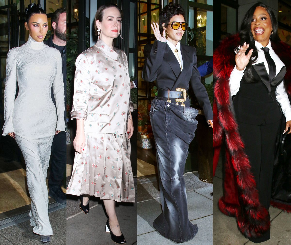 Kim Kardashian, Sarah Paulson, Teyana Taylor, and Niecy Nash showcase their distinctive styles as they depart their New York City hotel en route to Good Morning America to promote their upcoming Hulu series All’s Fair on October 28, 2025