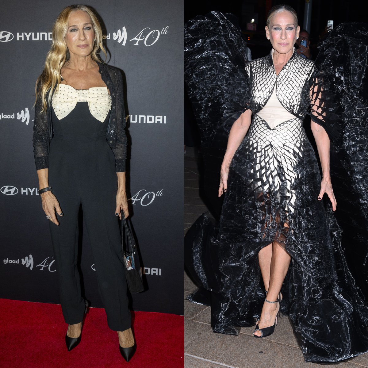Sarah Jessica Parker shows off her fearless approach to red-carpet dressing, wearing a bow-adorned Saloni jumpsuit with matching bow pumps at the GLAAD 40th Anniversary Gala and an avant-garde gown with wings by Iris Van Herpen with Aquazzura heels at the NYC Ballet 2025 Fall Gala