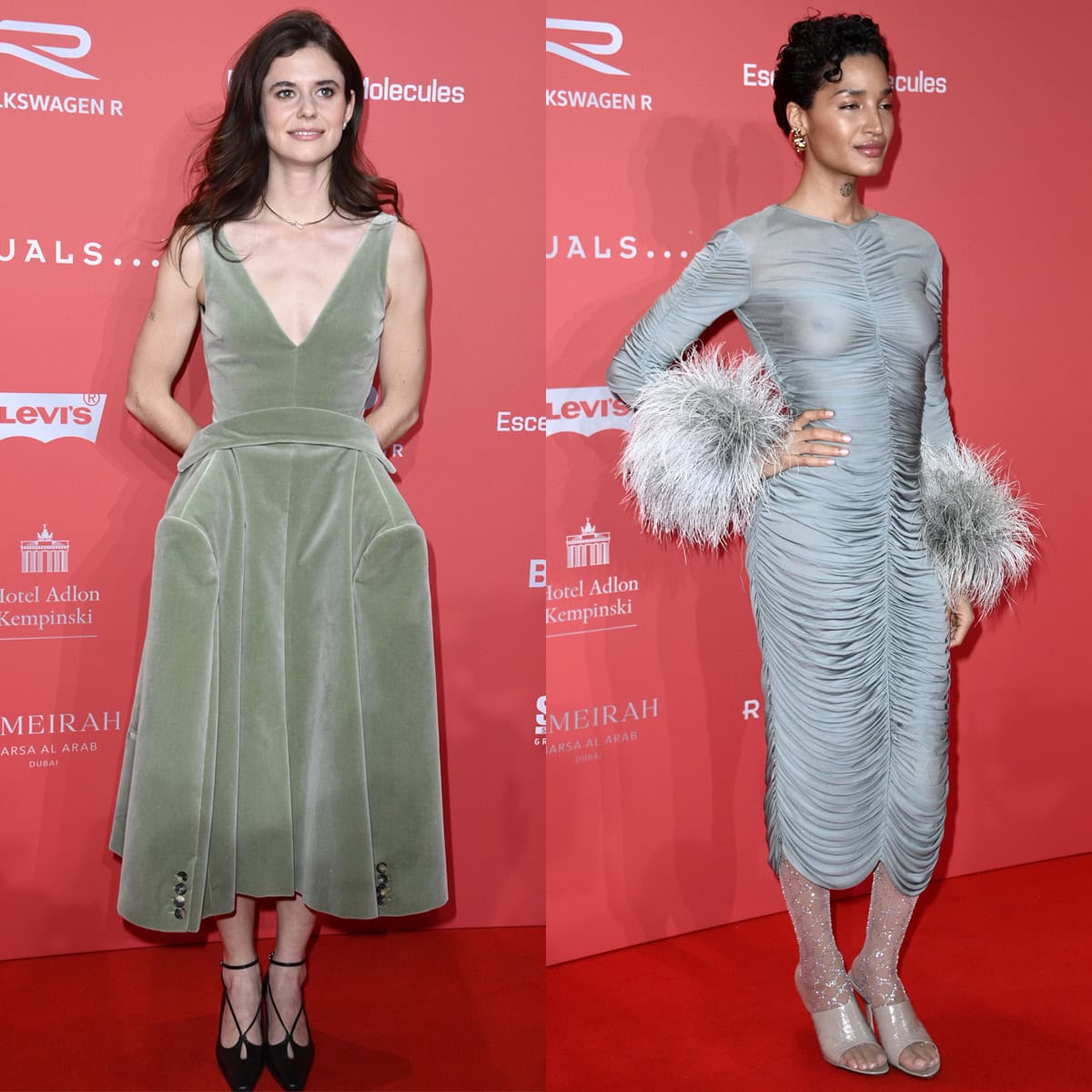 Alison Oliver and Indya Moore bring contrasting textures to the red carpet, pairing sculptural dresses with statement footwear—Fetico’s ballet-inspired heels for Alison and Gucci’s croc-embossed mules for Indya