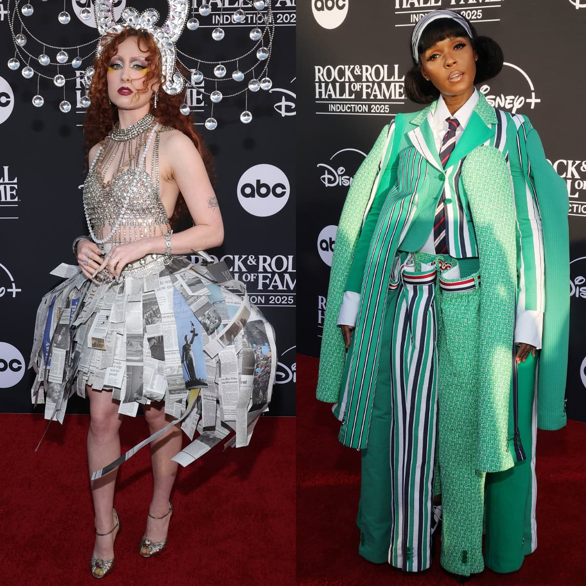 Chappell Roan and Janelle Monáe turned the Rock & Roll Hall of Fame red carpet into a masterclass in avant-garde fashion — Roan dazzling in a crystal-encrusted bustier, Efrain Nava shredded-newspaper skirt, and gold Christian Louboutin "Marchavekel" heels, while Monáe commanded attention in a deconstructed green Thom Browne suit and platform Oxford shoes at the Peacock Theater on November 8, 2025, in Los Angeles, California