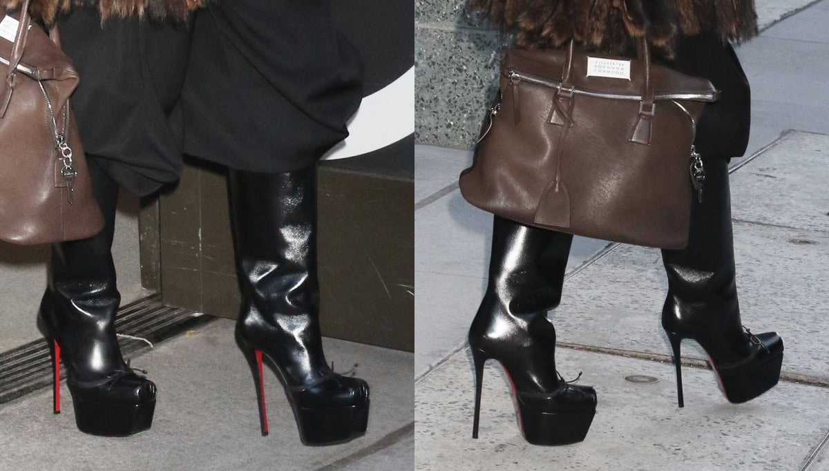 Cynthia Erivo strides out in towering black leather Christian Louboutin Cassia Nodo boots, complete with razor-sharp stiletto heels and the brand’s signature red soles