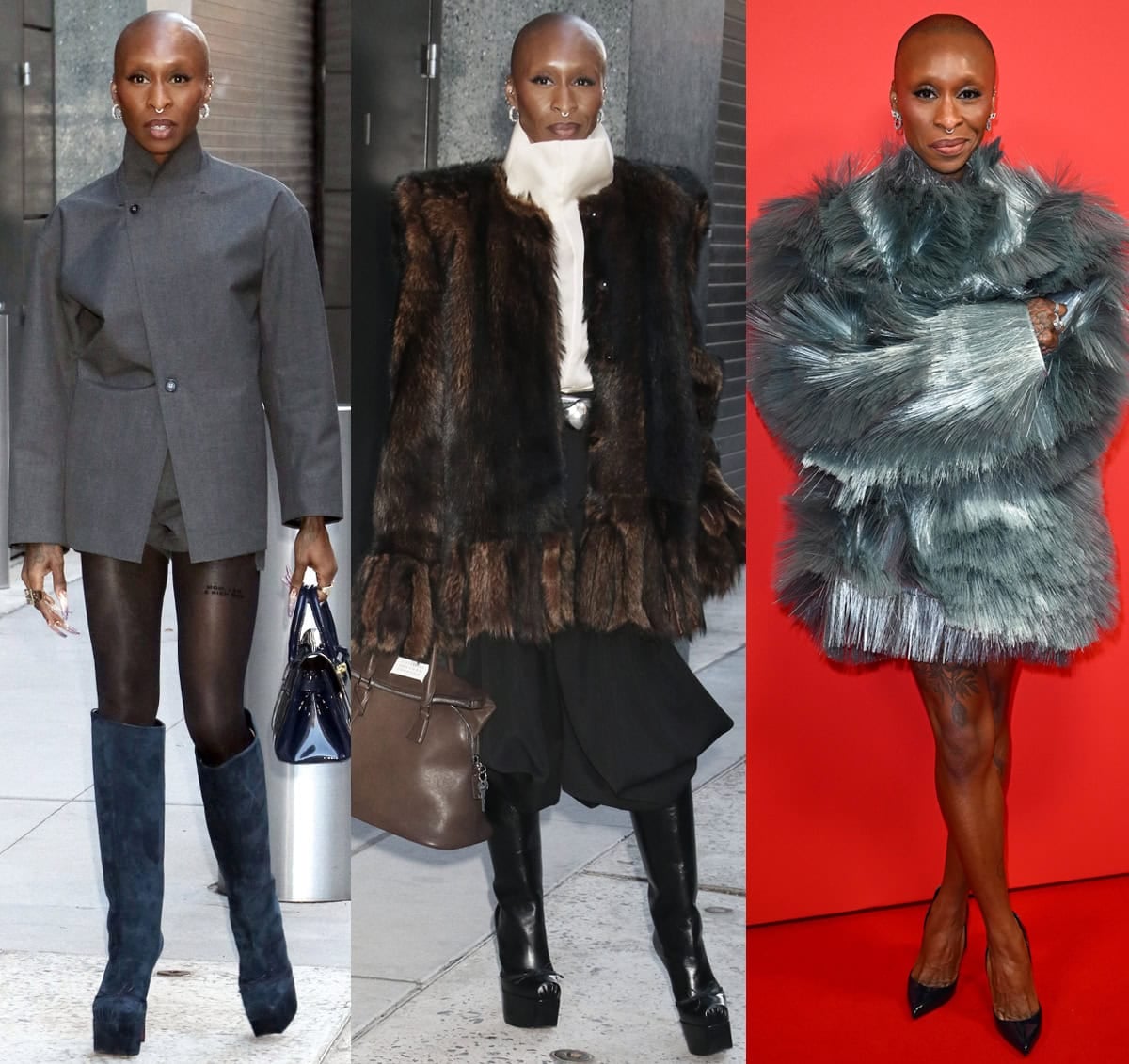 Cynthia Erivo showcases her bold press-tour style in three standout looks—from blue suede Cassia Nodo boots and a Coperni short suit, to black leather Louboutins with a dramatic fur-and-balloon-pant ensemble, to classic Hot Chick pumps paired with a shimmering Bottega Veneta fur mini dress