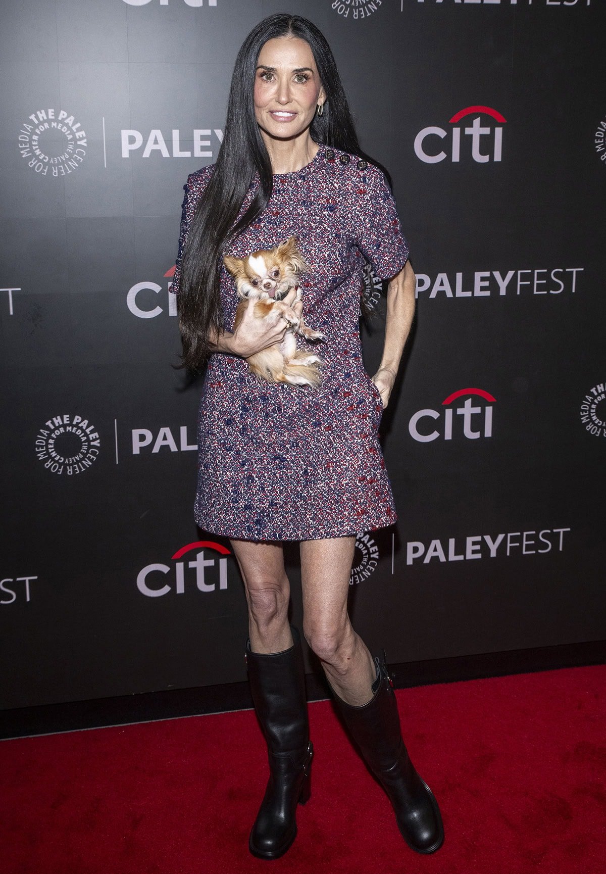 Demi Moore looks sophisticated in a boucle tweed Gucci mini dress at the PaleyFest New York 2025 photocall for Landman 2