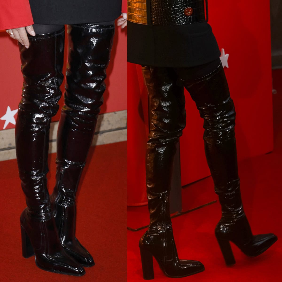 Diane Kruger completes her holiday red-and-black ensemble with shiny black over-the-knee boots with block heels and squared toes