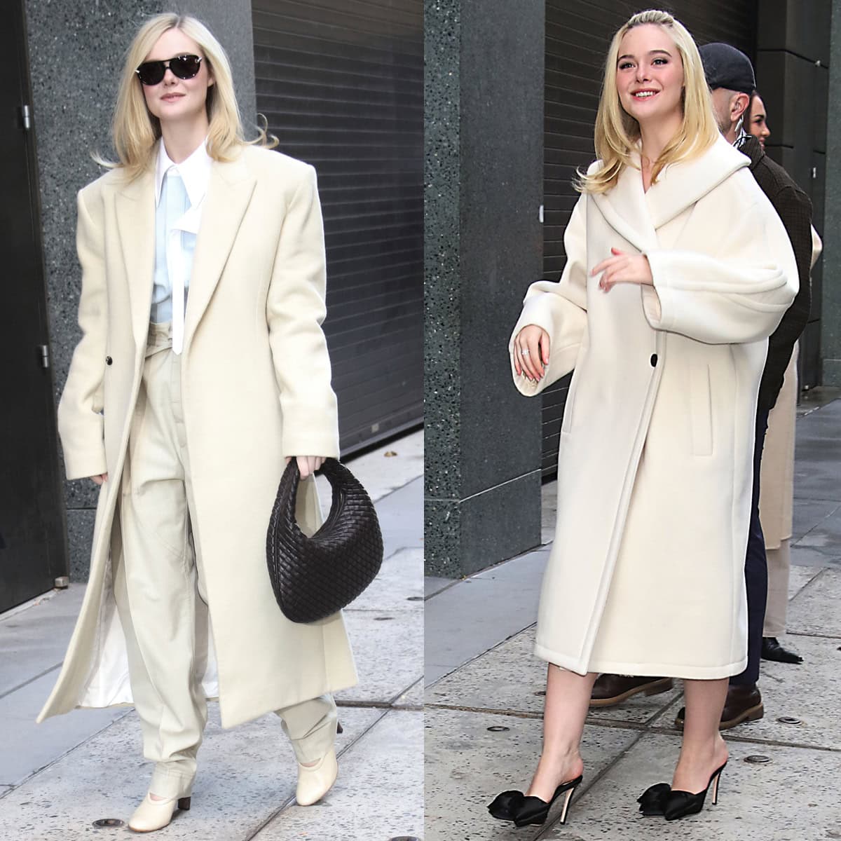 Elle Fanning doubles down on chic fall neutrals, pairing sleek cream coats with Tod’s sculpted pumps and Valentino’s bow-trimmed mules while promoting Predator: Badlands on Live With Kelly & Mark and Good Morning America